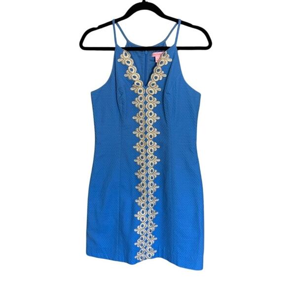 Lilly Pulitzer Pearl Shift Dress Lapis Blue Gold Trim Size 4 — Resort Preppy - Picture 1 of 7